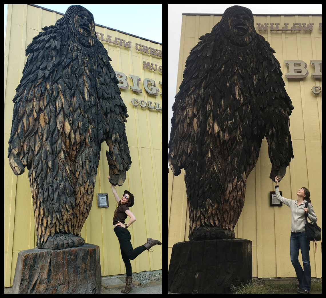 Krissy Eliot and Laura Krantz posing with a Sasquatch statue in Willow Creek, CA