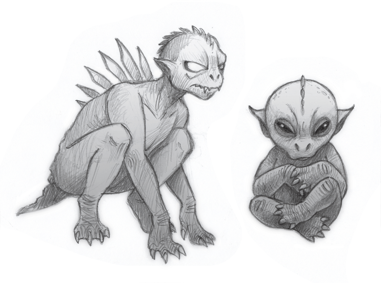 Drawings of a big and little Chupacabra, a cryptid whose name means "goat sucker" in Spanish; first reported in 1995 in Puerto Rico, U.S. // Art by Rick Spears from Cryptid Creatures: A Field Guide